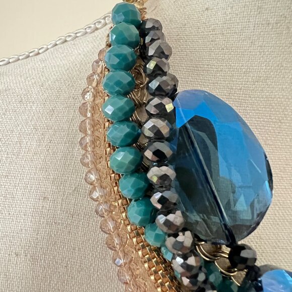 Jessica Simpson Blue Gold Chunky Multi Strands Glass Beads Statement Necklace - Picture 2 of 6